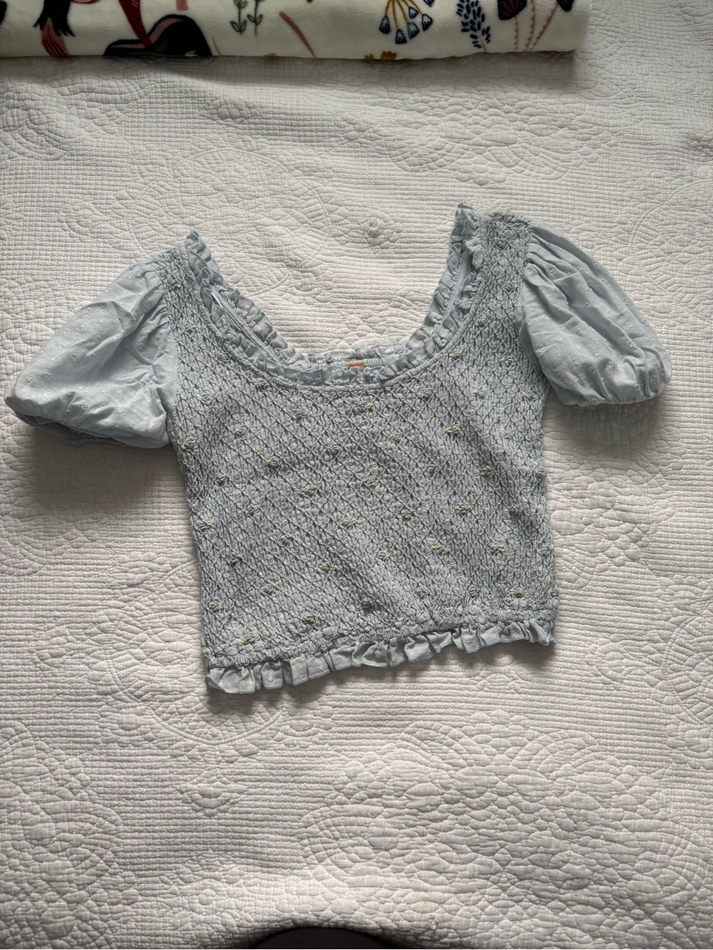 Free People Cecelia Puff Sleeve Smocked embroidered Rosette Cute Top
